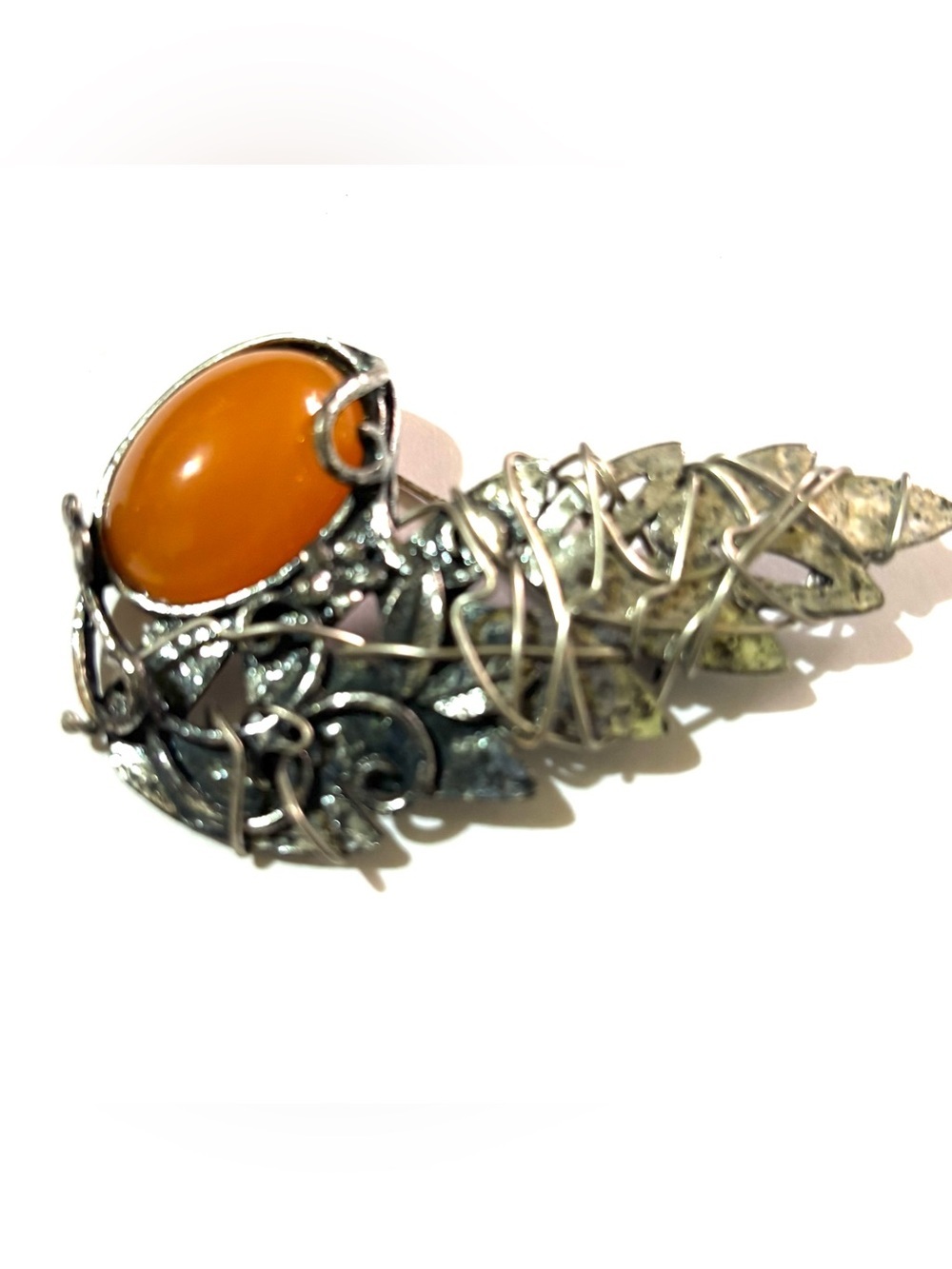 Vintage Orange Stone Silver-Tone Filigree Women's Brooch